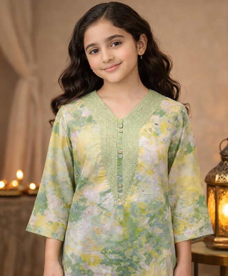 Artemea Girls Green Digital printed Jalabiya with Embroidered V-Neck – Modest Ankle Length Dress